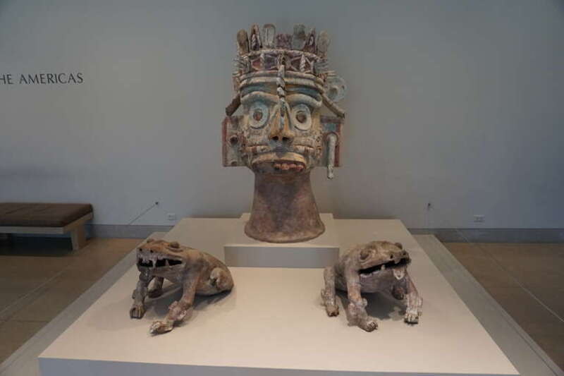 Late Postclassic Mixtec ceramic sculptures of Tlaloc and two frogs at the Dallas Museum of Art in Dallas, Texas (United States).