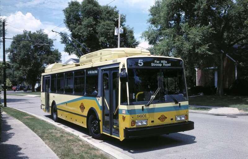 Dayton, Ohio trolleybus 9601 is a model-14TrE built by Electric Transit, Inc. (ETI) and was the very first Škoda-based trolleybus built for any American city.  It was delivered in late December 1995.  It is pictured at the south end of route 5-Far