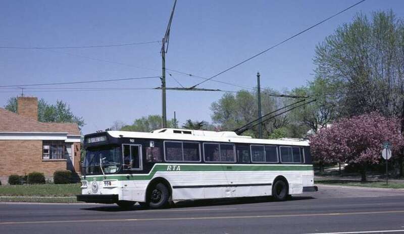 Trolleybus 901 of MVRTA (now GDRTA), of Dayton, Ohio, turning onto Dorothy Lane from Shafor Blvd. (in Kettering), on a short-turn trip on route 5-Far Hills, in 1987.  It was starting a trip north on route 5-Salem Avenue to Hillcrest Avenue (a route