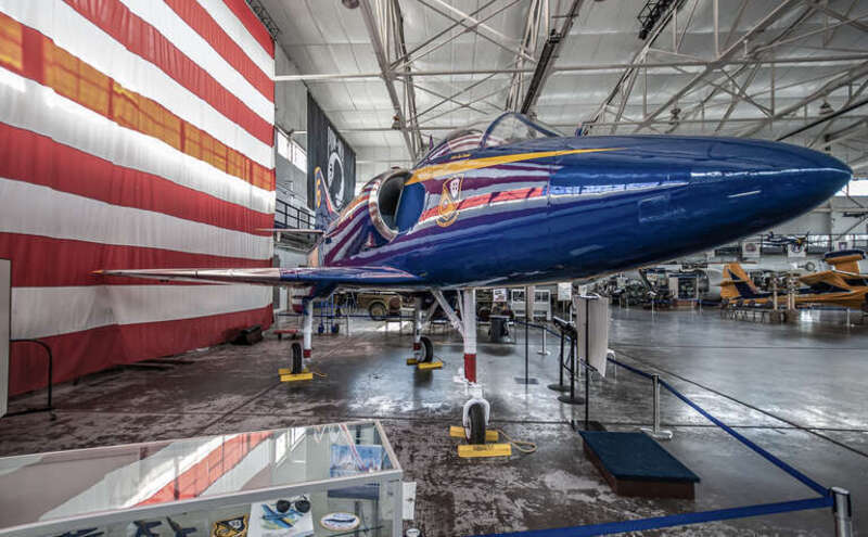 A Douglas A-4A Skyhawk (BuNo 139947) painted in Blue Angels livery at the MAPS Air Museum, North Canton, Ohio.