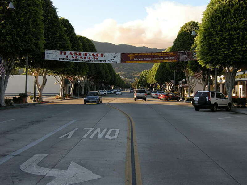 Downtown Glendora, California with Morris Fire Smoke Plume
photo by Richard Ellis