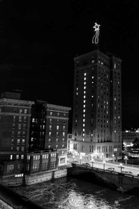 Downtown Aurora at Night in Black and White