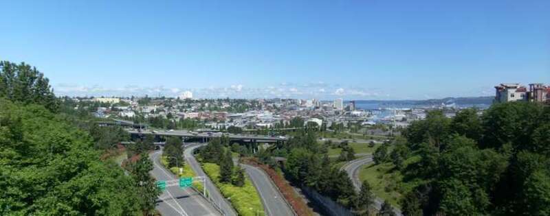 A view of downtown Tacoma, Washington from the south taken from the E 34th St bridge. This is a panorama stitched from two photos in Hugin.