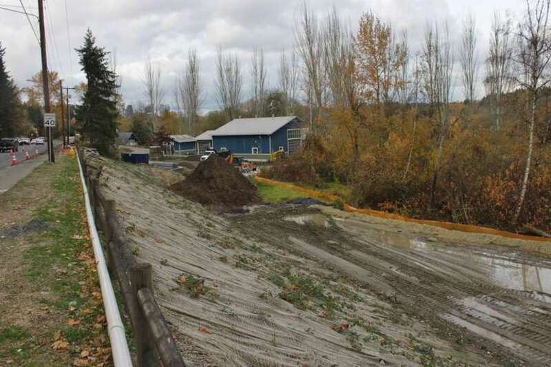 Grading work on a future trenched section of East Link, a light rail line operated by Sound Transit, in southern Bellevue, Washington.