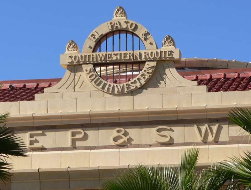 El Paso &amp; Southwestern Railroad Depot, located south of Congress Street between Granada Avenue and Interstate 10 in Tucson, Arizona.  Emblem atop center of building, facing east.