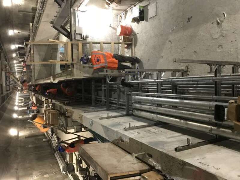 Electrical conduit installation under the east cavern platform.  (CM007, 09-04-2018)