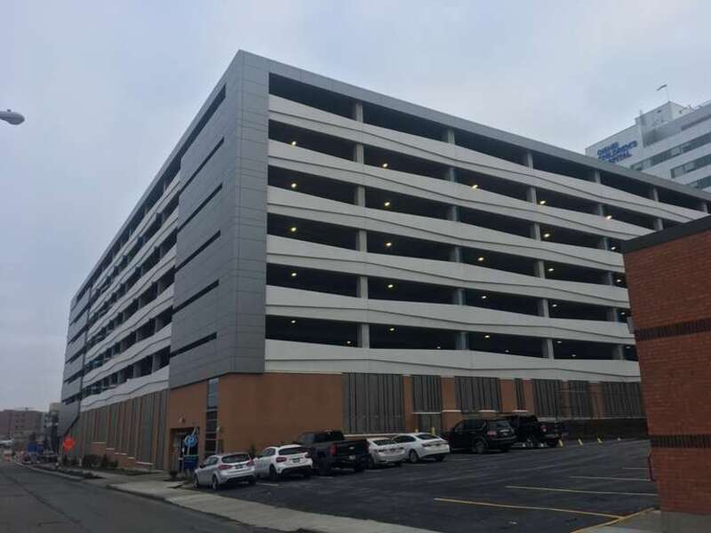 The Ellicott-Goodrich Parking Garage on the Buffalo Niagara Medical Campus, as seen from the rear parking lot of the original Anchor Bar, December 2019.