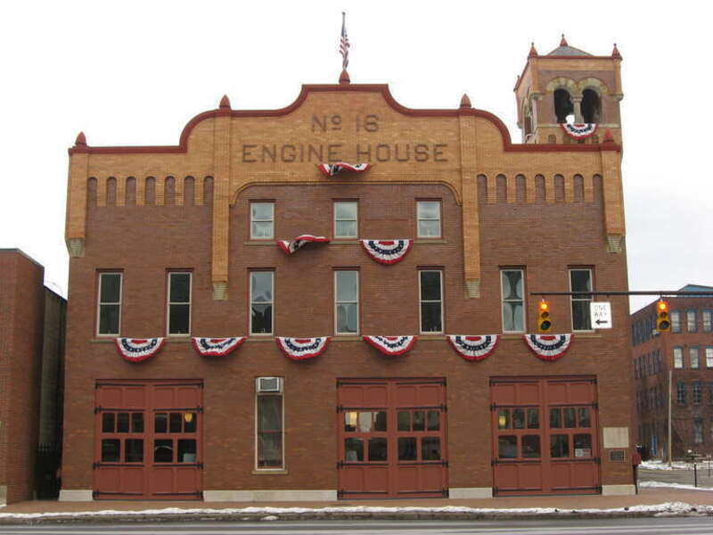 Front of the former Engine House No. 16 (now the Central Ohio Fire Museum), located at 260 N. Fourth Street in downtown Columbus, Ohio, United States.  Built in 1908, it is listed on the National Register of Historic Places.