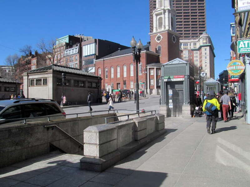 An exit-only staircase from the fare lobby at Park Street station in March 2015