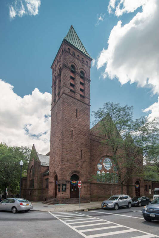 First Presbyterian Church, State Street and Willett, Albany NY. Designed by J. Cleaveland Cady in 1882, noted for its four Tiffany windows