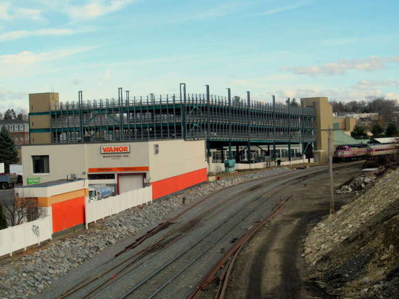 Track work for the extension to Wachusett is visible in front of an MBTA train at Fitchburg in November 2015