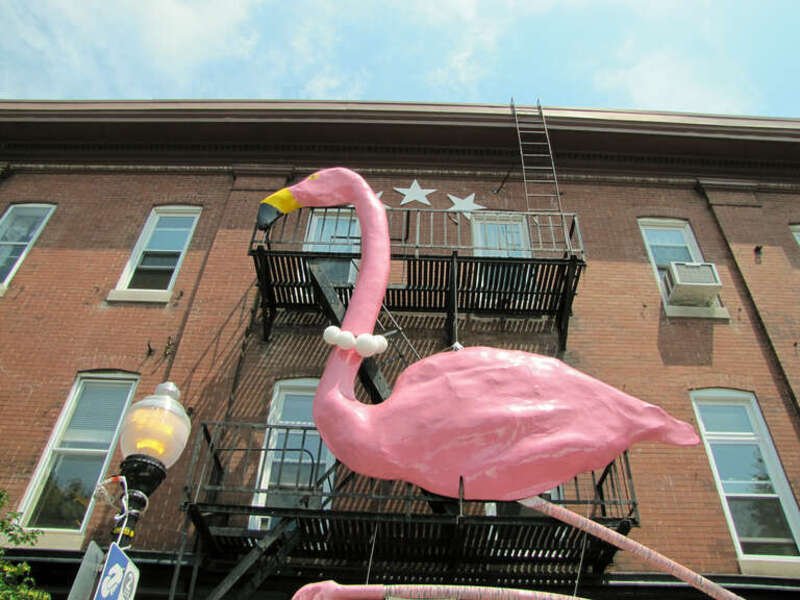 Flamingo sculpture was introduced above the restaurant Café Hon taken during the 2010 HonFest. The flamingo has been here since 2002.