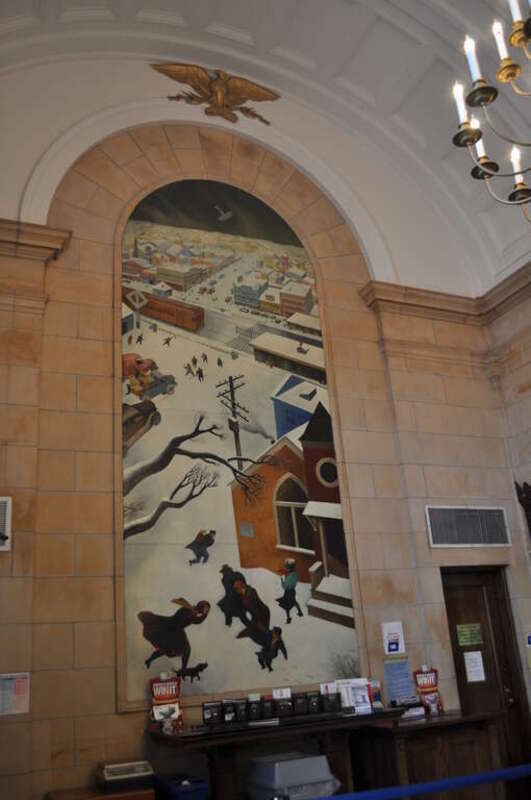 &quot;Suburban Post in Winter&quot;, mural by William Gropper in the post office, Freeport, Long Island, New York.