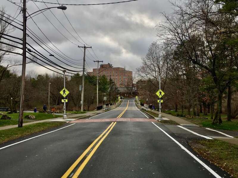 Looking westward down Glen Avenue in Williamsville, New York, from just past the corner of Mill Street toward Glen Park, as seen in December 2020.