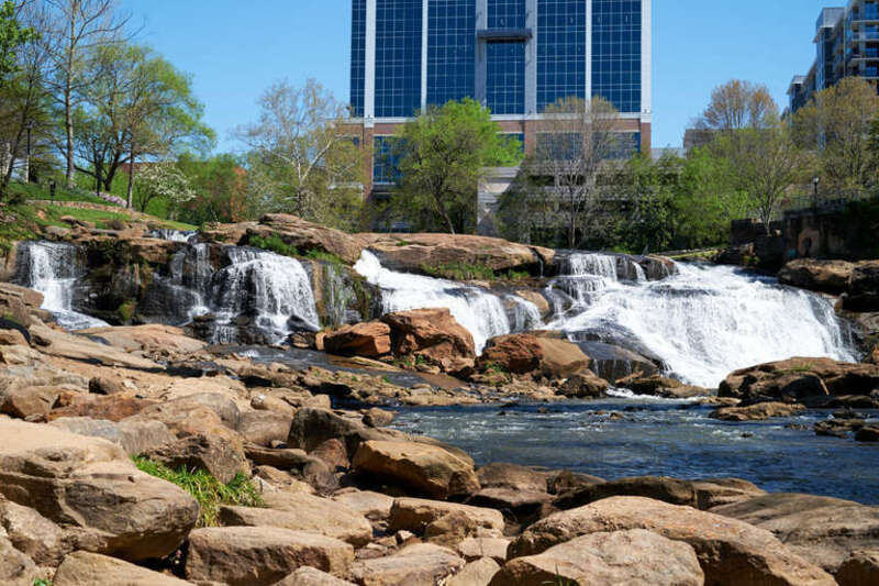 Greenville Falls Park On The Reedy River. Taken on 2021-04-25 with a FujiFilm XT-3 and Fuji XF 35mm f1.4 R lens.