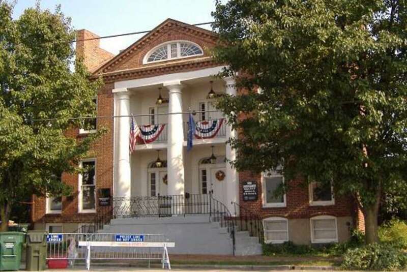 Front of the Grisamore House, located at 111-113 W. Chestnut Street in Jeffersonville, Indiana, United States.  Built in 1837, it is listed on the National Register of Historic Places, and it is a contributing property to the Register-listed Old