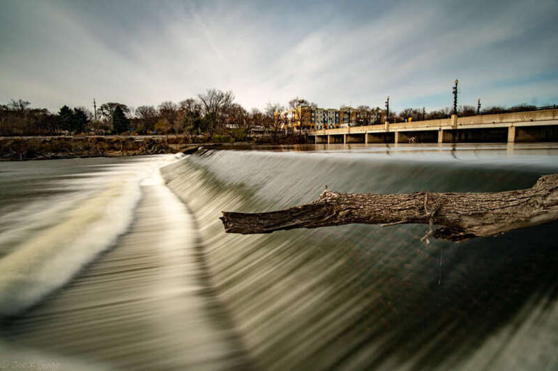 Fox River dam in Elgin, IL just South of Kimball Street.  I usually have my FE 200-600mm lens on this camera, but not at this time.  I don't know why Flicker is showing that.  I definitely did not take this from a hundred yards out using a big zoom