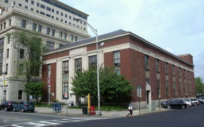 Looking east at Hoboken Post Office on a cloudy afternoon.