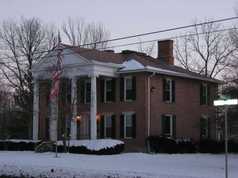 Front of the Horace Wright House, located at 137 E. Granville Road (State Route 161) in Worthington, Ohio, United States.  Built in 1861 and since converted into the township hall for Sharon Township, it is listed on the National Register of Historic