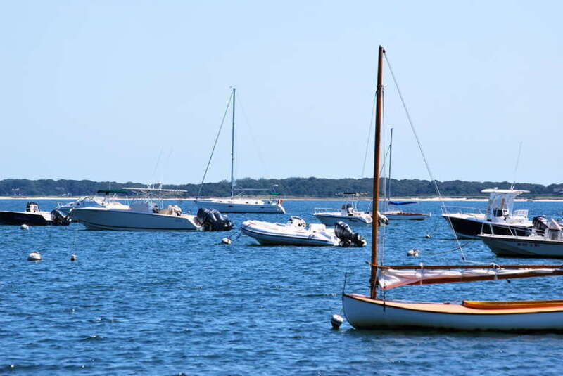 View of boats parked at the Hyannisport Marina in Nantucket Sound from Hyannisport, Massachusetts