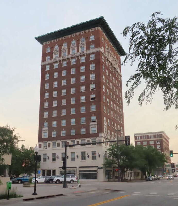 The Hill Hotel, in Omaha, Nebraska, from the northwest – from across the intersection of 16th and Howard streets. The 1919 building is also known as Kensington Tower.