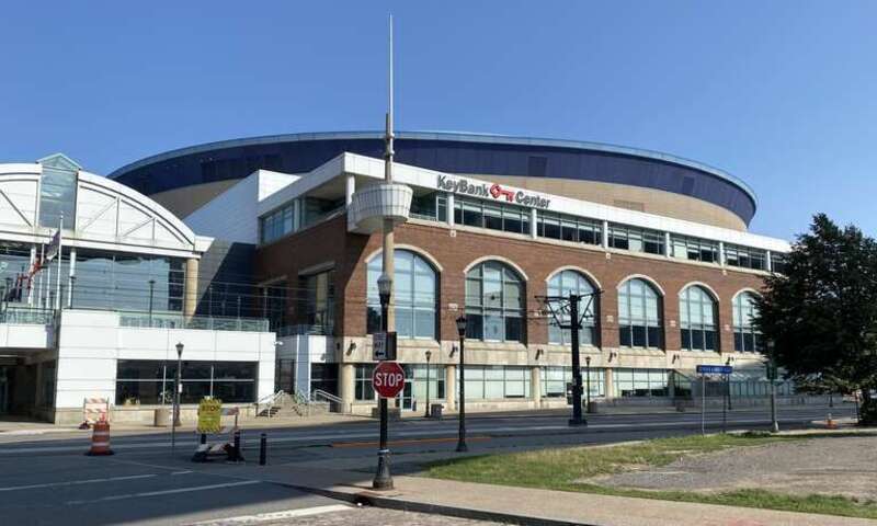 The west side elevation of the KeyBank Center in downtown Buffalo, as seen from the corner of Main and Prime Streets in Canalside on a July 2021 afternoon.