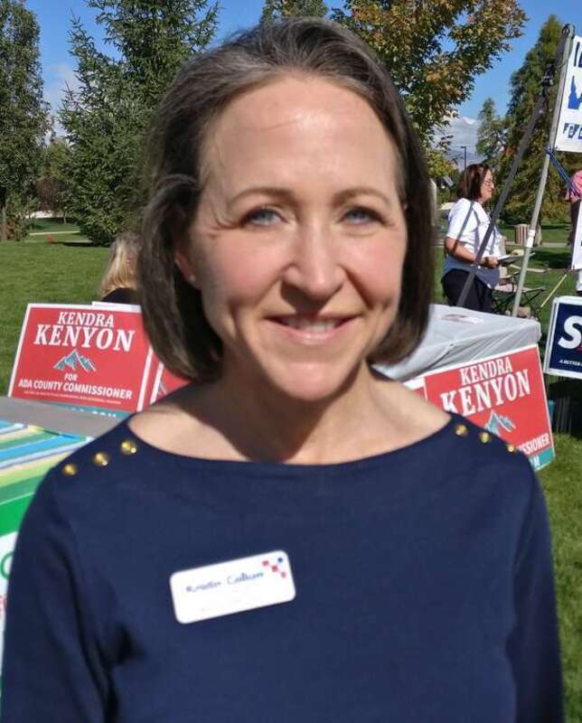 Democratic candidate for Idaho Lt. Gov. Kristin Collum at Harvesting Change -A Progressive County Festival, a big tent event held at Julius M. Kleiner Memorial Park in Meridian, Idaho on September 30, 2018. In the background are booths for candidates