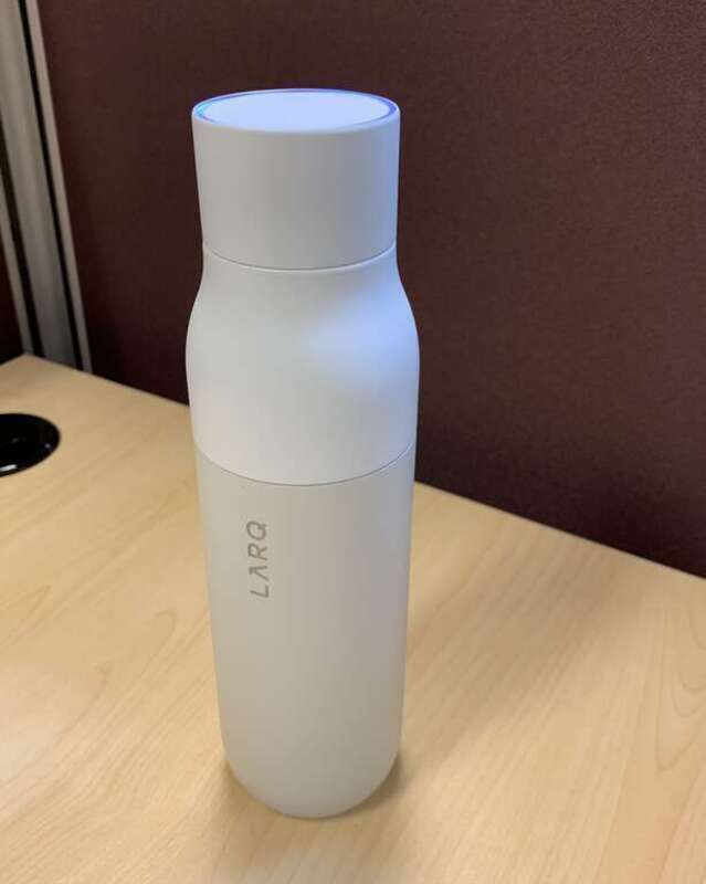 LARQ Bottle - first UV-C LED water purification and self-cleaning water bottle. Lights up when UV-C LED is activated within the bottle.