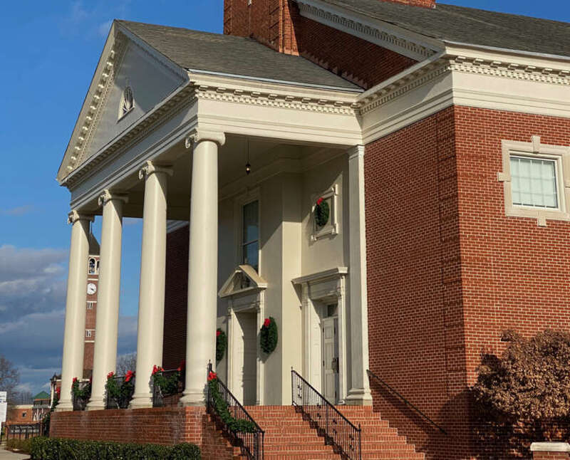 Pangle Hall on the Lee University campus in Cleveland, Tennessee. It was built in 1967 to be the First Baptist Church of Cleveland. The building was enlarged in 1997 and renovated after it was given to Lee University in 2014.