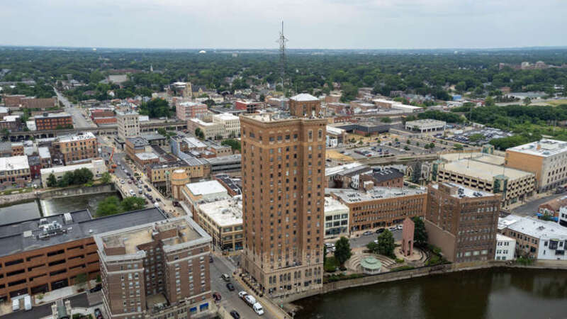 Leland Tower in Aurora, Illinois in 2022.