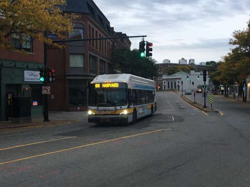 MBTA route 66 bus in Brookline Village in October 2018