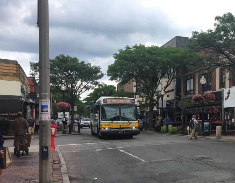 MBTA route 90 bus near Davis Square in August 2019