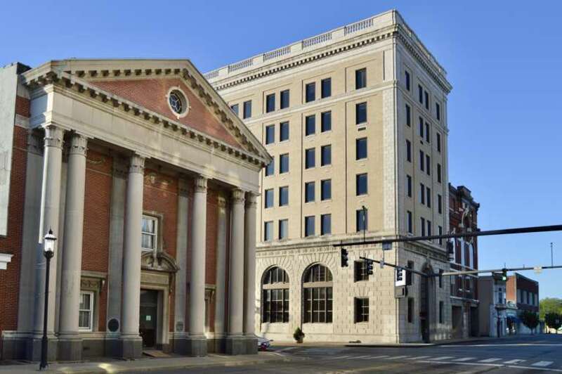 Buildings on the western side of the junction of Main Street and Central Avenue in Middletown, Ohio, United States.  This intersection is the center of the Main Street Commercial Historic District, a historic district that is listed on the National