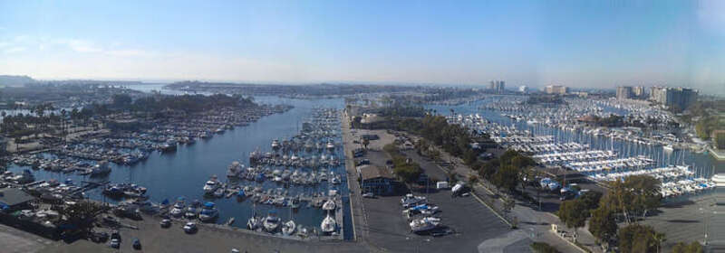 View of boats moored in Marina del Rey, California, USA, as viewed from the 11th floor of a nearby office building.