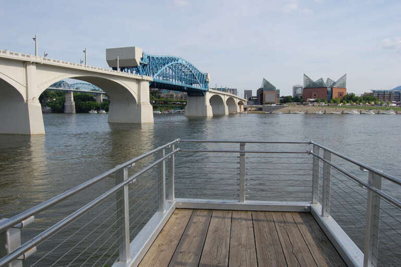 A view of the John Ross (Market Street) Bridge from a fishing dock at Coolidge Park.  The Tennessee Aquarium is across the river.

Chattanooga, Tenn.