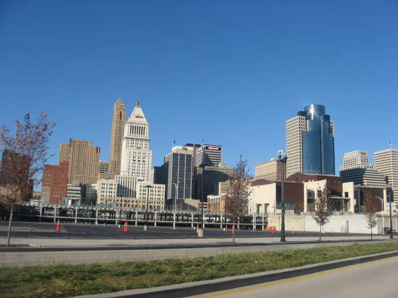 Skyline of Cincinnati, Ohio, United States, seen from near the Ohio River.  Picture is taken from Mehring Way (U.S. Routes 27/52) immediately east of the Great American Ball Park.