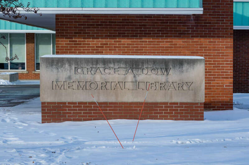 Sign of Grace A. Dow Memorial Library, Midland, Michigan.