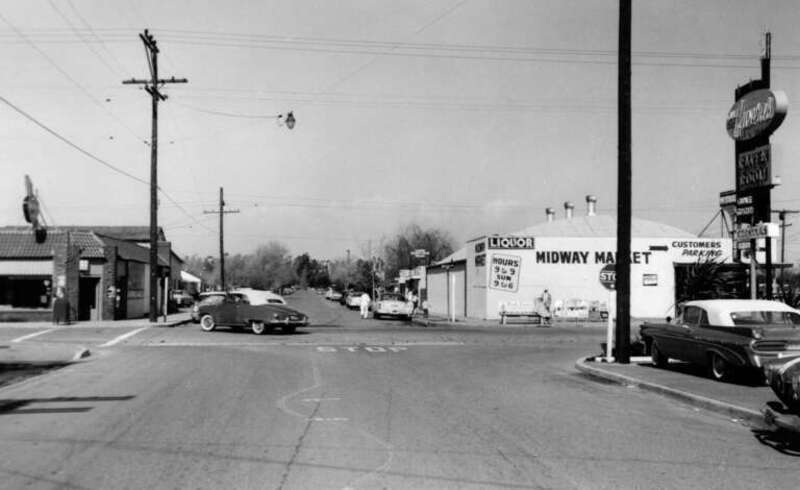 Photo of Jackson Street in Midway City, California, United States circa 1960s looking north on Jackson Street across Bolsa Avenue, from approximately in front of the old Midway City office of the California Department of Motor Vehicles near 15021