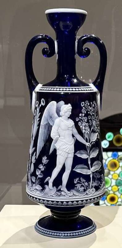 The Milton Vase, by John Northwood, 1878. Displayed at the Chrysler Museum of Art. Blown cased glass, etched, cameo-carved. Depicts a scene from Paradise Lost by John Milton.