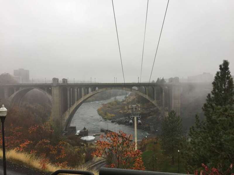Monroe Street Bridge over the Spokane River on a rainy day in 2018