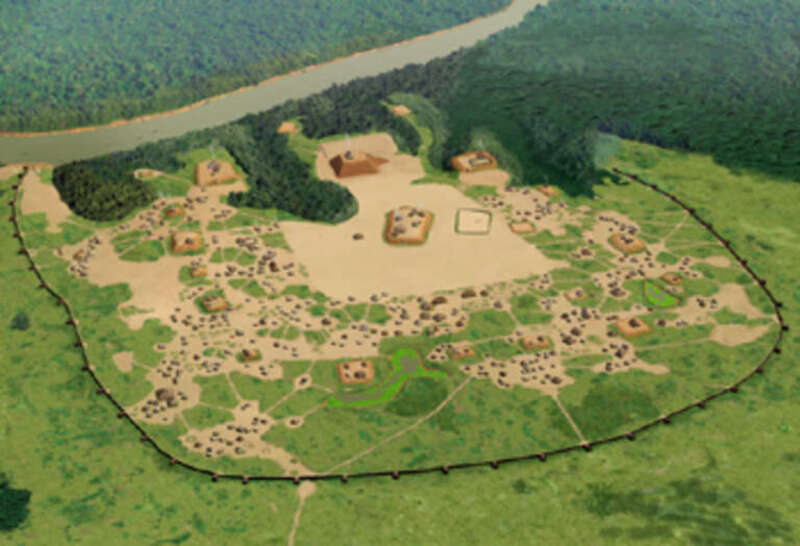 Artists conception of the Moundville Site, a Mississippian culture site on the Black Warrior River in Hale County, Alabama. The site was the political and ceremonial center of a paramount chiefdom polity between the 1000 to 1500 CE. The site