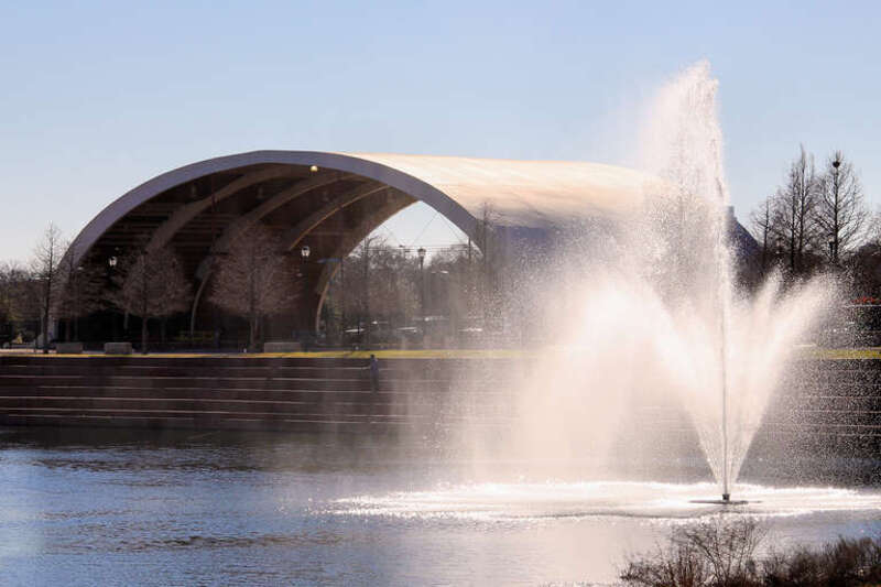 Lake Park and converted Browning hangar in Mueller Community, Austin, Texas, United States.