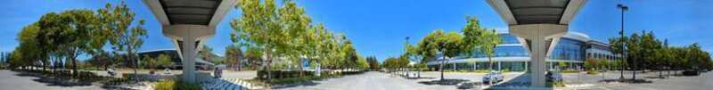 Panoramic view of the Nvidia campus at the San Tomas Expressway bridge; Building A right, new buildings across San Tomas left (on the site of the old McCandless Business Park, previously home to 10 small buildings with companies such as Nuova and