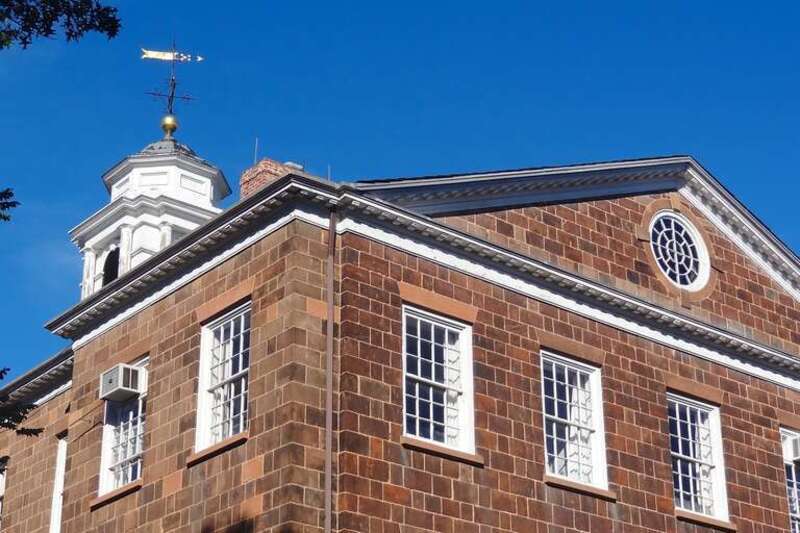 Details of the cupola and brownstone of Old Queens on the campus of Rutgers University in New Brunswick, New Jersey.