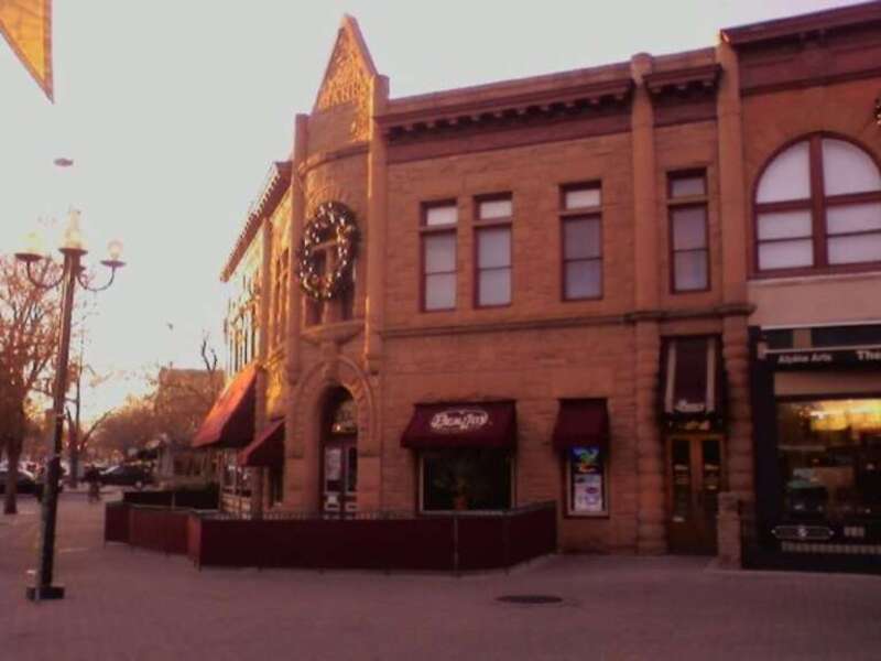 A historic bank building off Mountain Avenue, in the Old Town Fort Collins historic district.