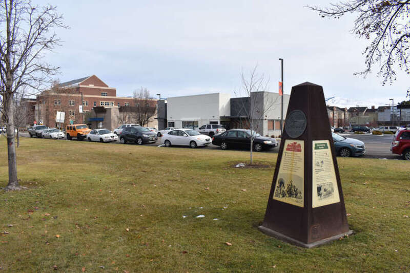 One of 22 obelisks marking the route of the Oregon Trail through Boise, Idaho.
