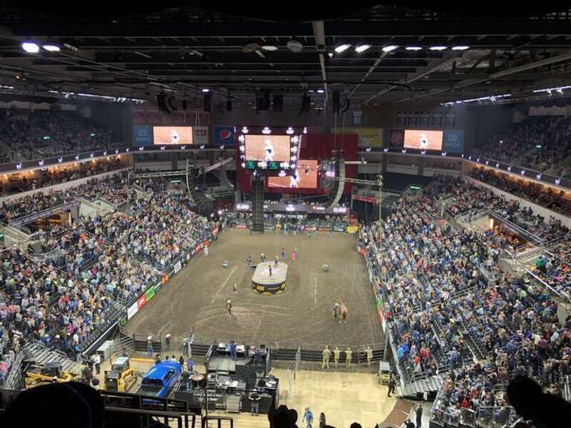 This is Professional Bull Riding taking place inside the Denny Sanford Premier Center in Sioux Falls, South Dakota.