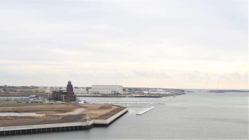 Looking south from a passing bus on I95, at the river and eastern Bridgeport.