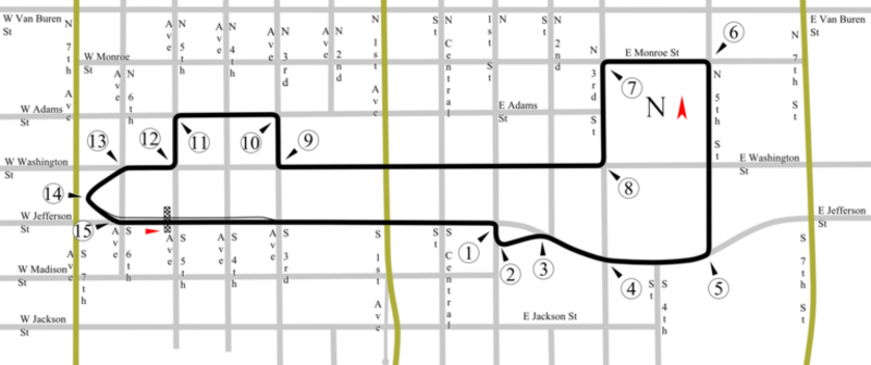 Track map for Phoenix street circuit. This version applies only to 1989 and 1990. The track changed the next year. For the version of the track as of 1991, please see Image:Phoenix Grand Prix Route - 1991.svg (below).