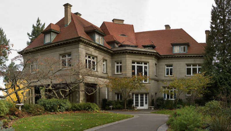 Pittock Mansion in Portland, Oregon. This is the west façade, or front, where the main entrance is located.